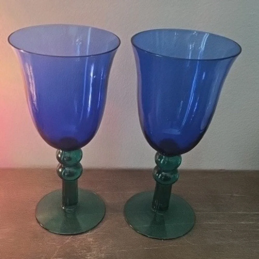 Vintage Cobalt Blue Emerald Green Art Glass Wine Goblets Pair 7.5